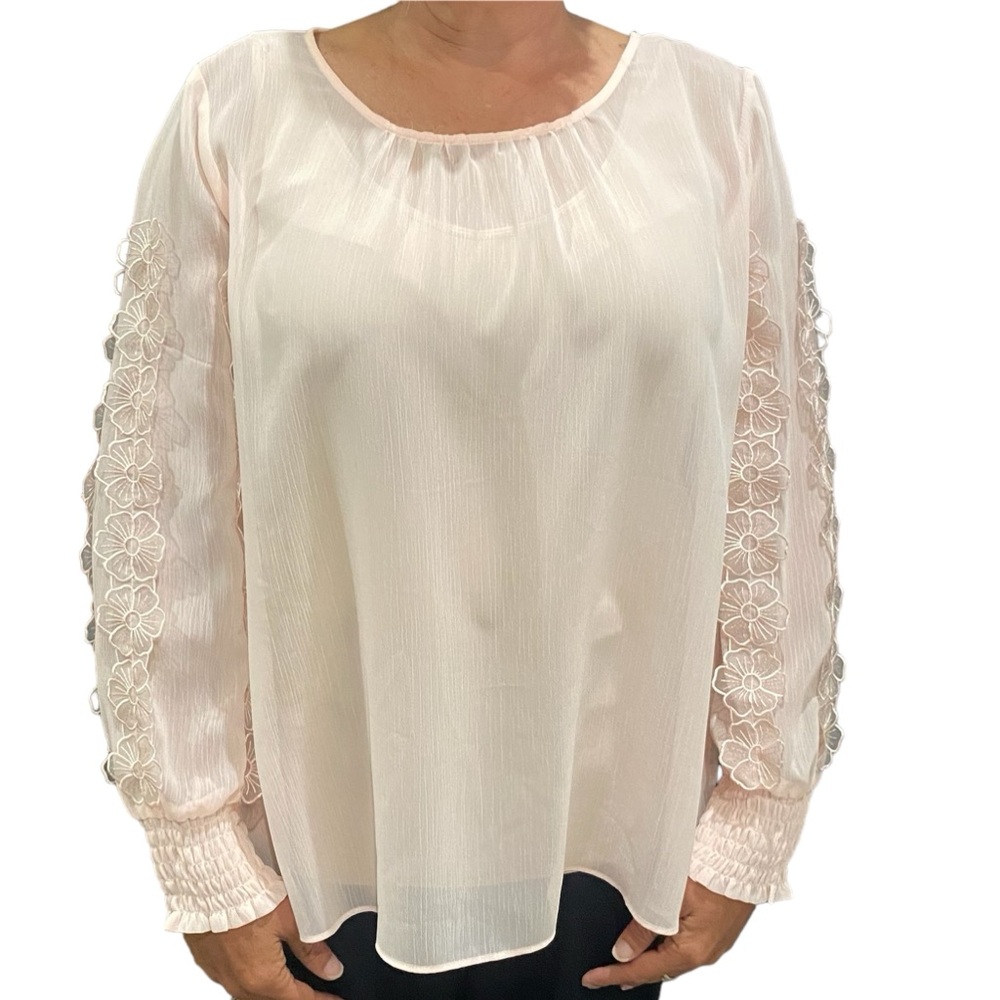 Alfani Sheer Top with Floral Appliqué on sleeves and Shirred cuffs